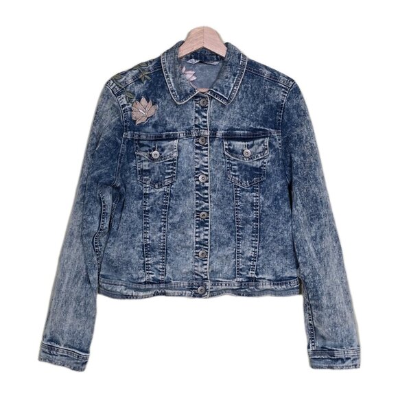 Suko Jeans Denim Jacket Women L Blue Acid Wash Floral Embroidery Stretch Y2K - Picture 1 of 16
